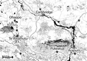 Lineart of Cambridge roads in New Zealand fantasy map art