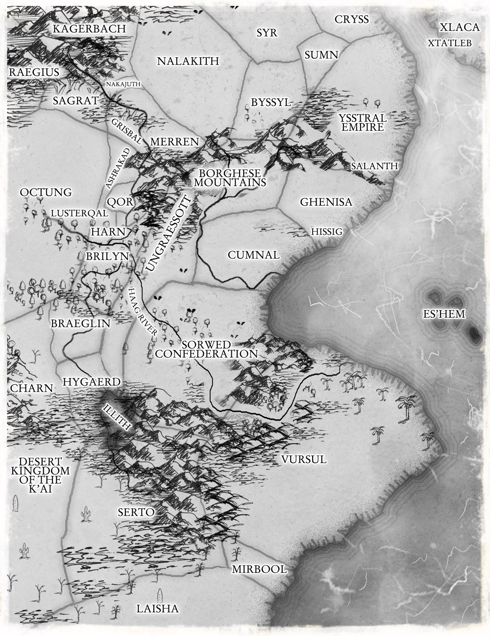 Black and white fantasy Tolkien style country map