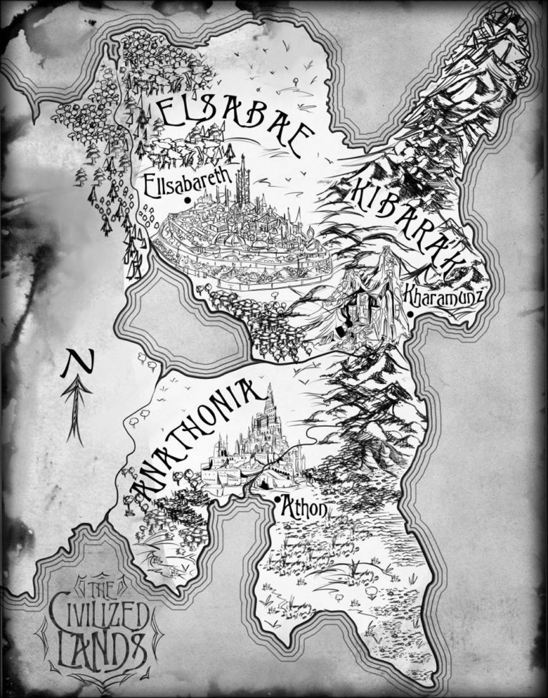 The Civilized Lands Elsabae black and white ink map for fantasy book series