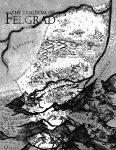 Felgrad country map close up black and white pencil ink Tolkien style map with mountains