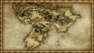 Old fashioned parchment style continent map with high detail mountains forests and border