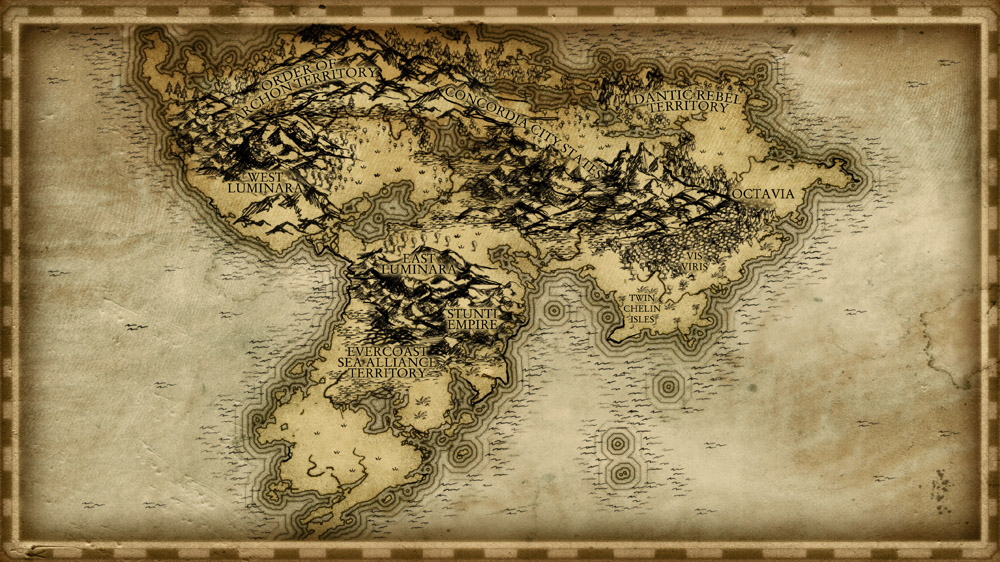 Old fashioned parchment style continent map with high detail mountains forests and border