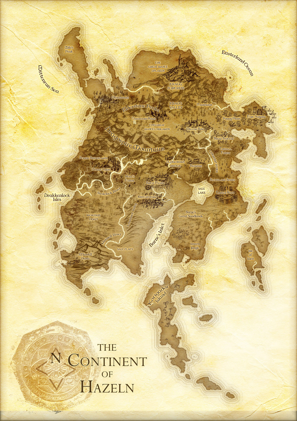 Fantasy parchment single continent with islands Lord of the Rings Game of Thrones style fantasy map