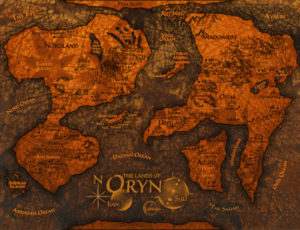 Dark orange fantasy style map for display on computer screen multi continent dark The World of Oryn fantasy map
