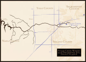 Road map of Putah creek for a winery, real world location
