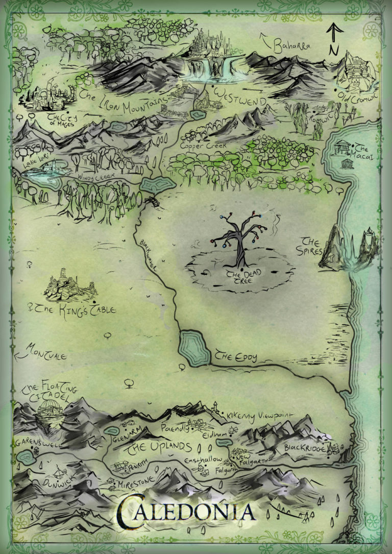 Caledonia – fantasy map for book, single country map with light pastel watercolor color style and custom cities and symbols