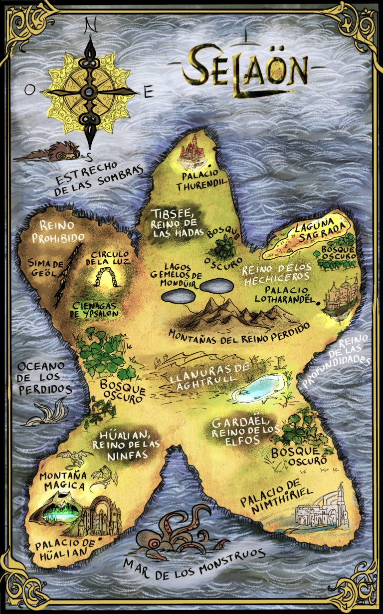 Selaon fantasy map with illustrated castles, monsters, and dragons in color cartoon Tolkien style