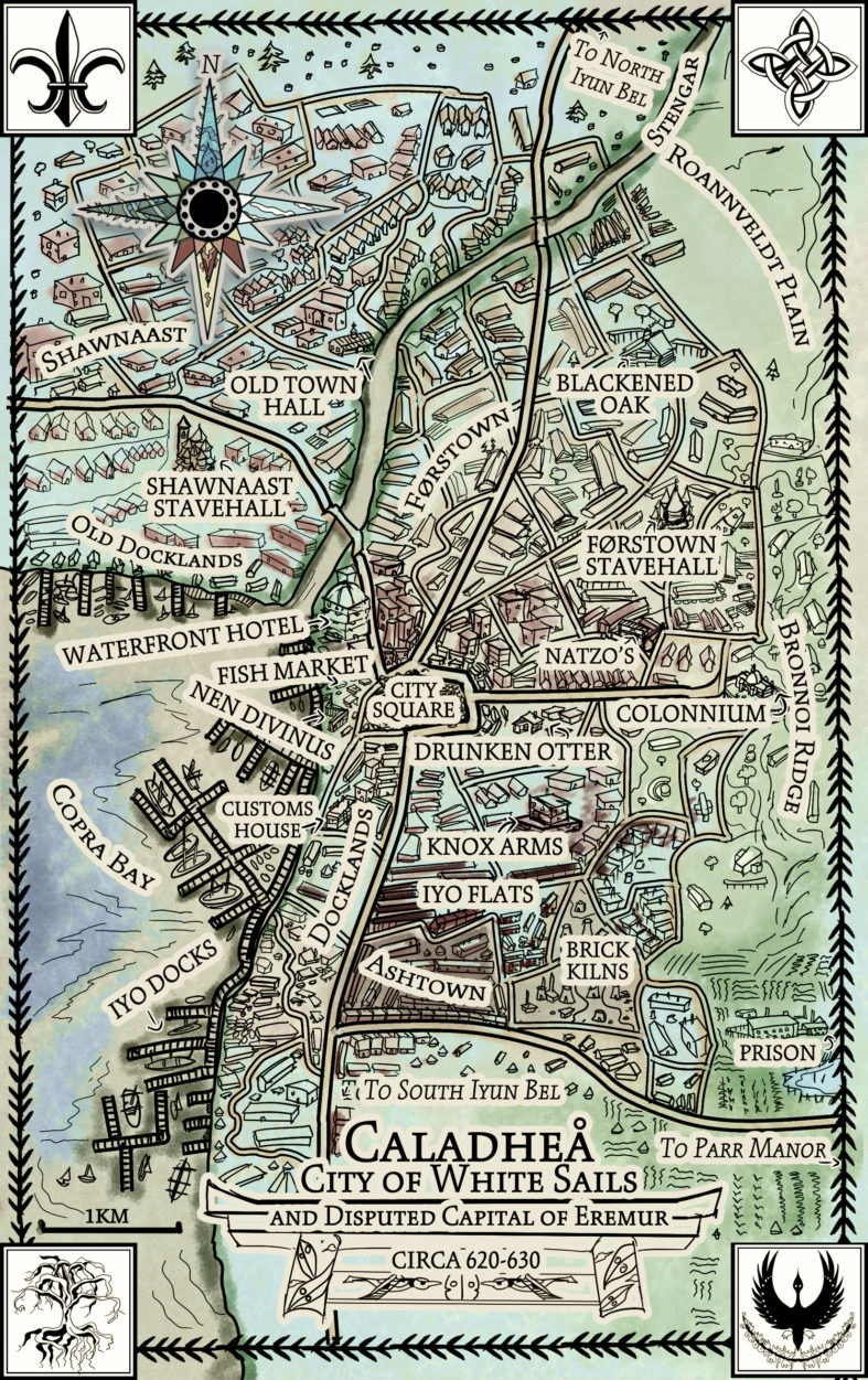 city map for Flight little buildings 1600s colonization fantasy medieval cartography fantasy city map for novel caladhea Jae Waller Call of the Rift Flight Veil Canadian novelist books 2019 contemporary fantasy best world building amazing fiction from woman female writers in Canada BC colonial view fascinating fantasy exploration