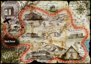 Treasure map for historical town pirate themed medieval fantastic map buildings path