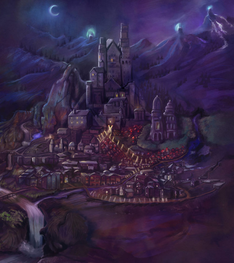 Purple Night Fantasy City in the Mountains watchtower castle waterfall ruins fantasy concept cover book cover art Endoth Tiffany Munro Almaera castle in the mountains beautiful concept art 2018 digital impressionism painted cityscape night moon glow eerie