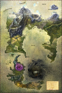 Full color painting acrylic oil watercolor fantasy dungeons and dragons campaign world map with black hurricane, maelstrom, giant monsters, arctic ice, realistic mountains, poster size cartography