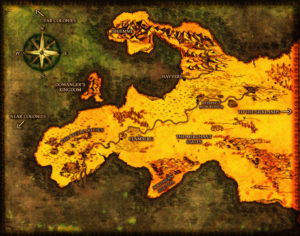 left justified fantasy country map cartography stormy broody Game of Thrones Lord of the Rings style cartography for speculative novel