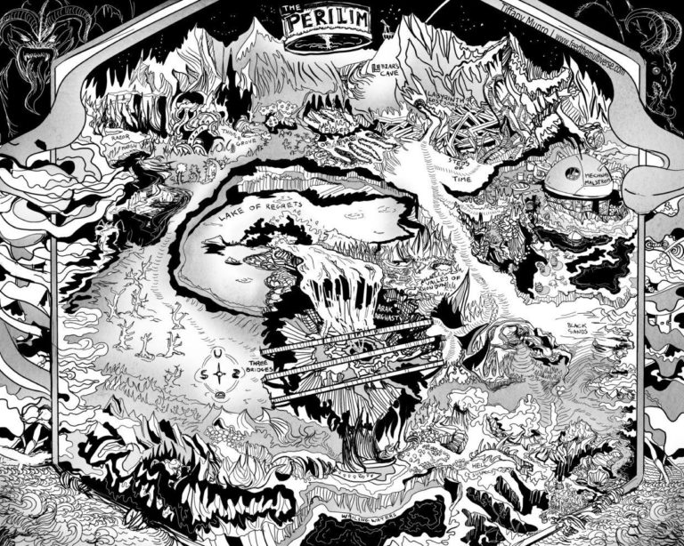 The Perilim black and white perspective distorted hellscape hell dungeon madness regrets insane wizard wimblebilder fantasy map cartography cartographer custom b&w dungeons and dragons map dnd d&d pathfinder custom map commissions