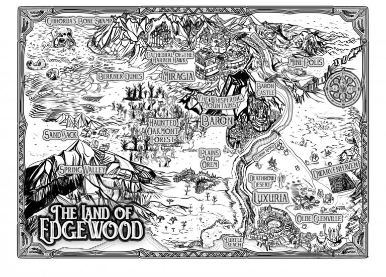 Map of the Realm of Edgewood black and white ink bw fantasy country map for RPG youtube series custom fantasy region country kingdom with unique border beautiful fantasy made up lands custom commission artwork