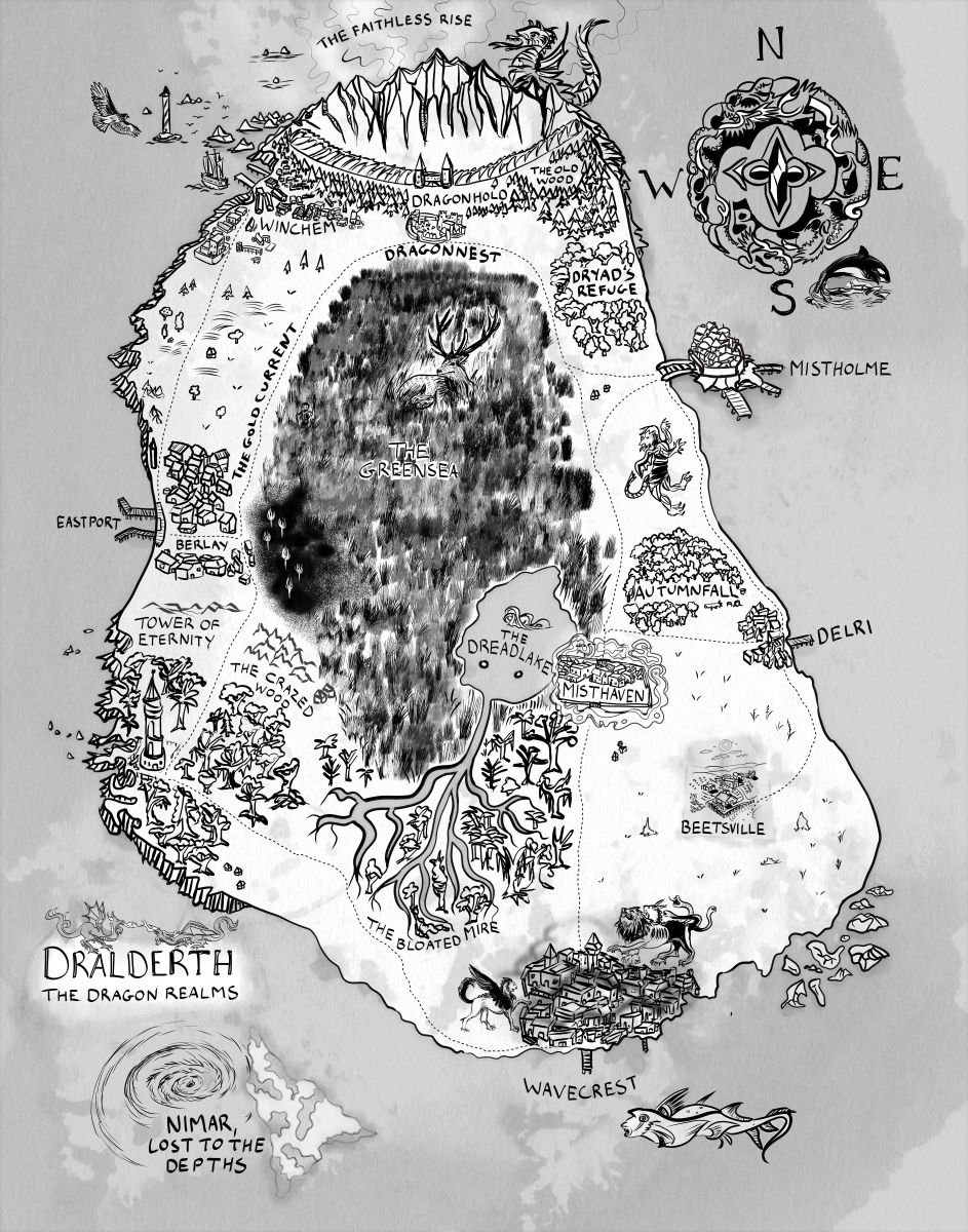 Dralderth - the Dragon Realms Adam novel fantasy country map distorted by cartographer cartographic perspective by the author artist animals fantastic notations and illustrations of creatures and critters and animals and monsters in the world of the Dragon Realm contemporary 2019 2020 fantasy authors bw black and white ink simple fantasy continent hand drawn digital ink custom compass storytelling elements worldbuilding elk dragons killer whales chimera tiffany munro fantasy cartography world creator and consultancy consultant