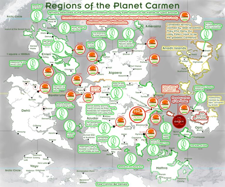 Regions of the Planet Carmen, Holy Places of Lady Fate and her Sister’s Burger Empire – an Infographic Map