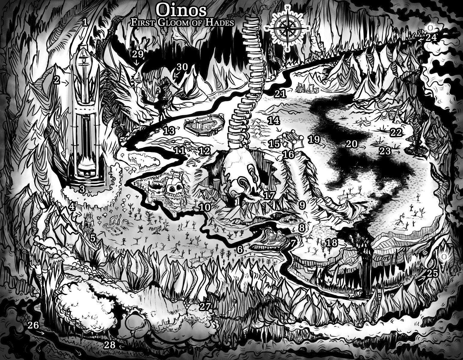 Oinos map of hell hades grimdark fantasy setting dark satan black and white ink wimblebilder bw b/w cartography custom ink river spine tower for custom dungeons and dragons dnd 5e setting