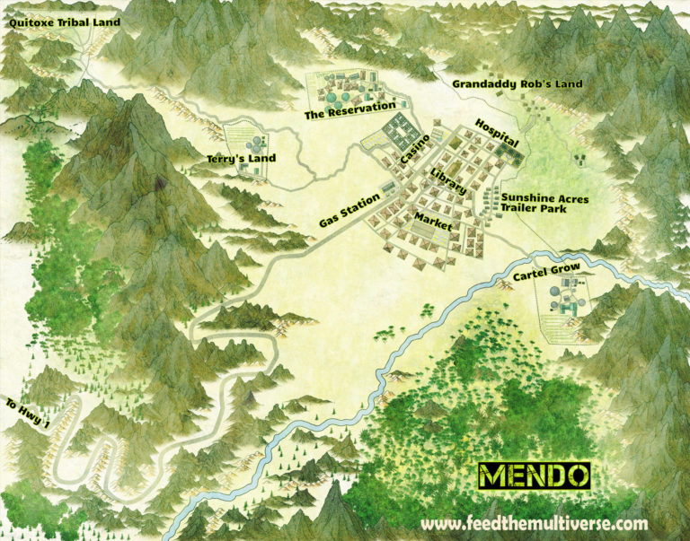 Town of Mendo – modern village, trailer park, reservation and farms map in mountain valley