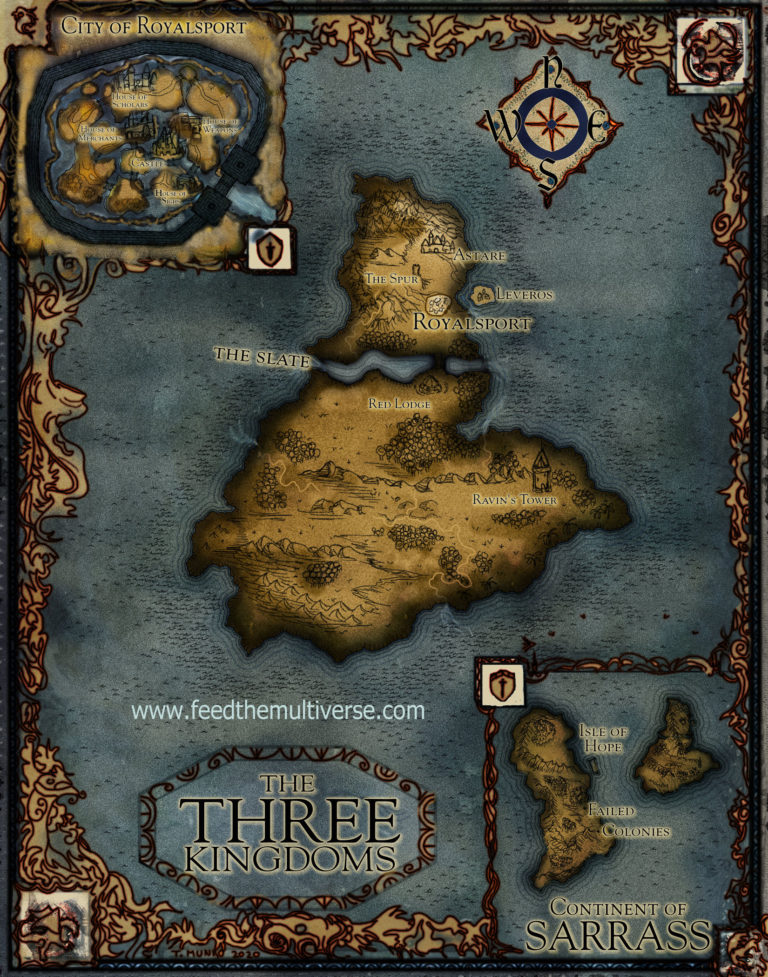 Fantasy map blue parchment ocean water frame city inset Royalsport city of dragons scholars merchants weapons for Novel Renewal.