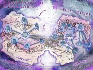 Seelie and Unseelie Empire and Courts map of the fae hollow earth argartha mythology fantasy novel fairy Nyx NY custom fantasy map purple cartography dreamlike dreamy beautiful map cities in circles round force field science fiction ley lines