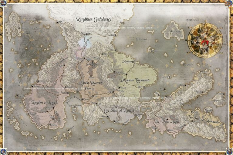 Fantasy Map of Unktena with Zodiac Star Chart for Seafaring Navigation