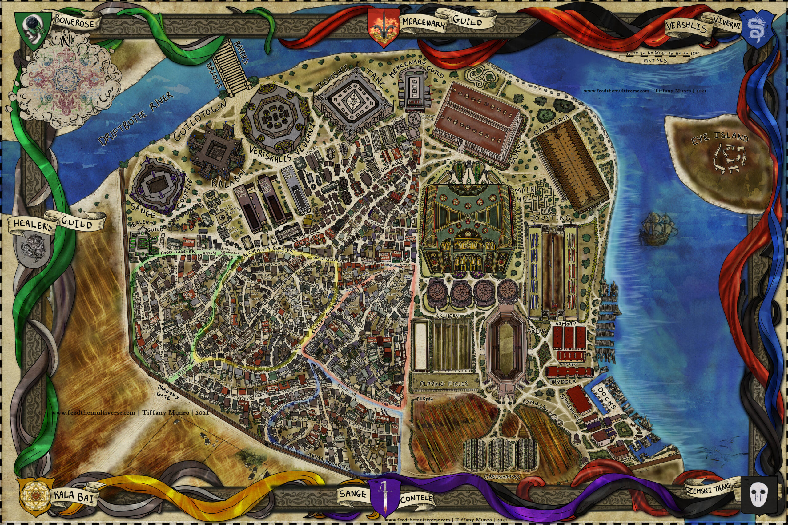 City of Bonerose Discord Ankh Morpork style city map fantasy cartography watercolor drawn inked style of map