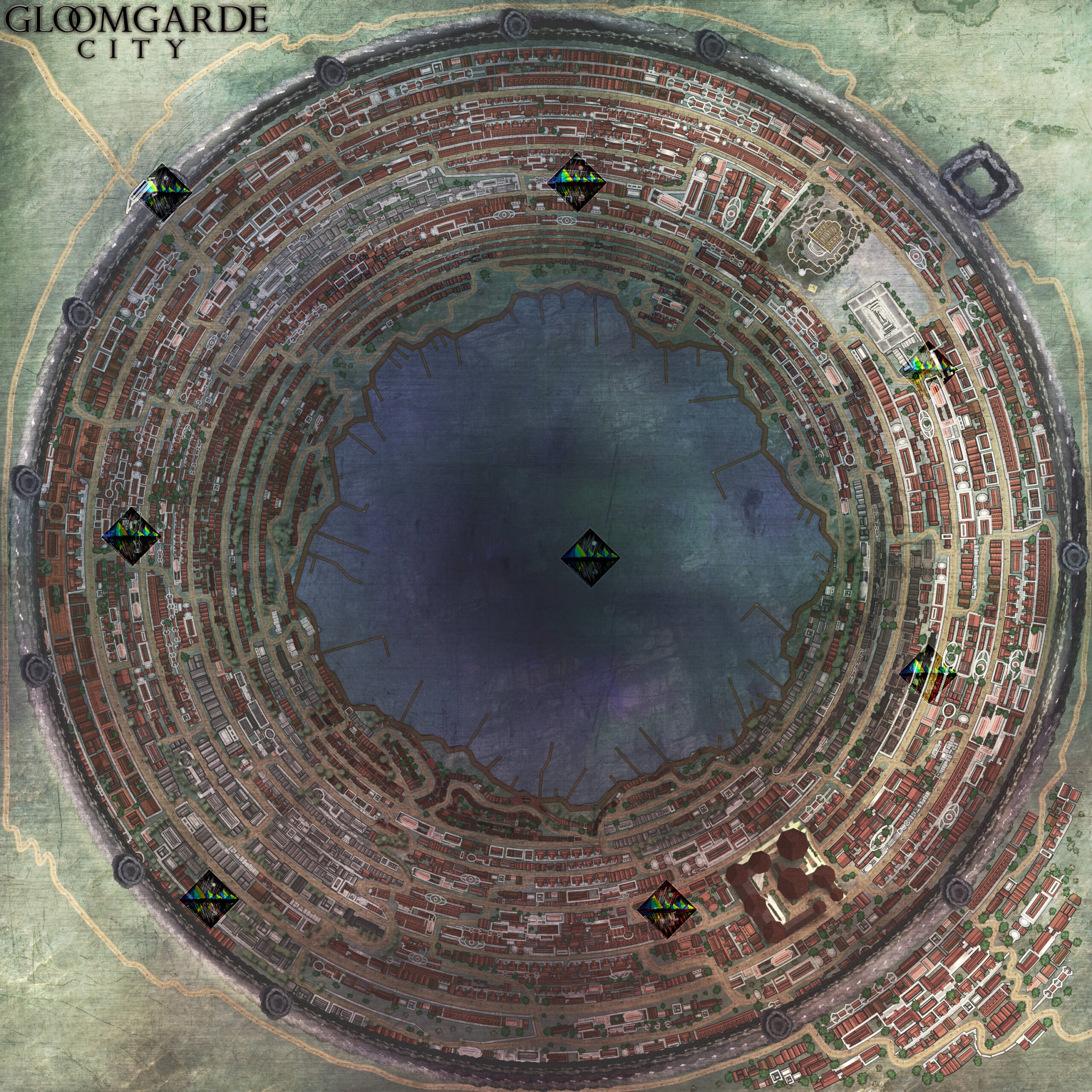 Caldera round ring city with lake in the middle volcano caldera crater canyon VTT virtual tabletop dungeons and dragons game master map blank