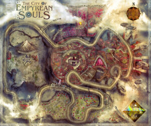The City of Emperean Souls steampunk city with train track airships docks and illustrative cities plus farms below Floating Steam City for game master