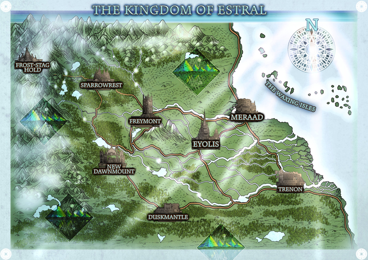 Esteral region map godrays and detailed points of interest for game master RPG TTRPG VTT map
