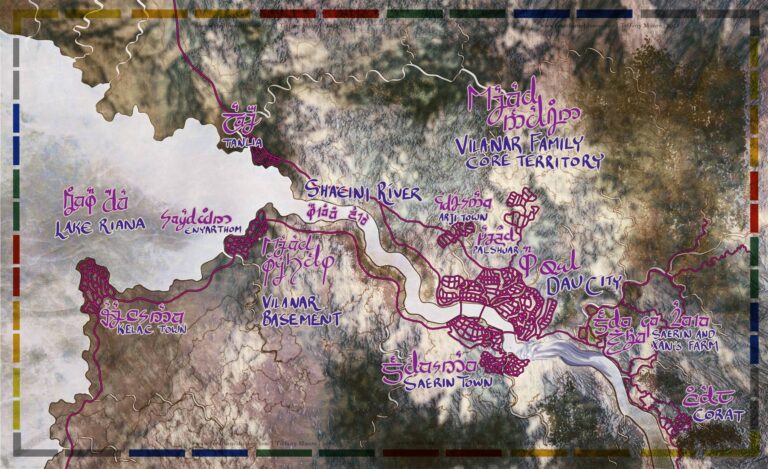 Dau – Almaeran Region Map with Conlang Script (multiple images: cipher, planet token, farm illustration)