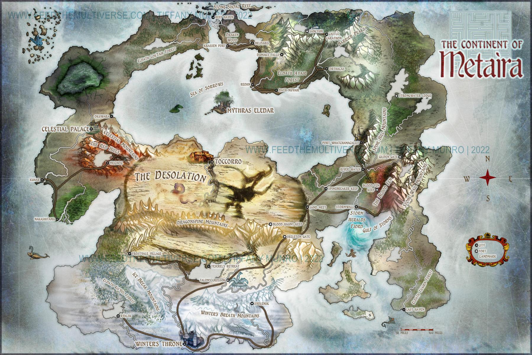 Feed the Multiverse fantasy maps by Tiffany Munro Metaria continent fantasy map painting