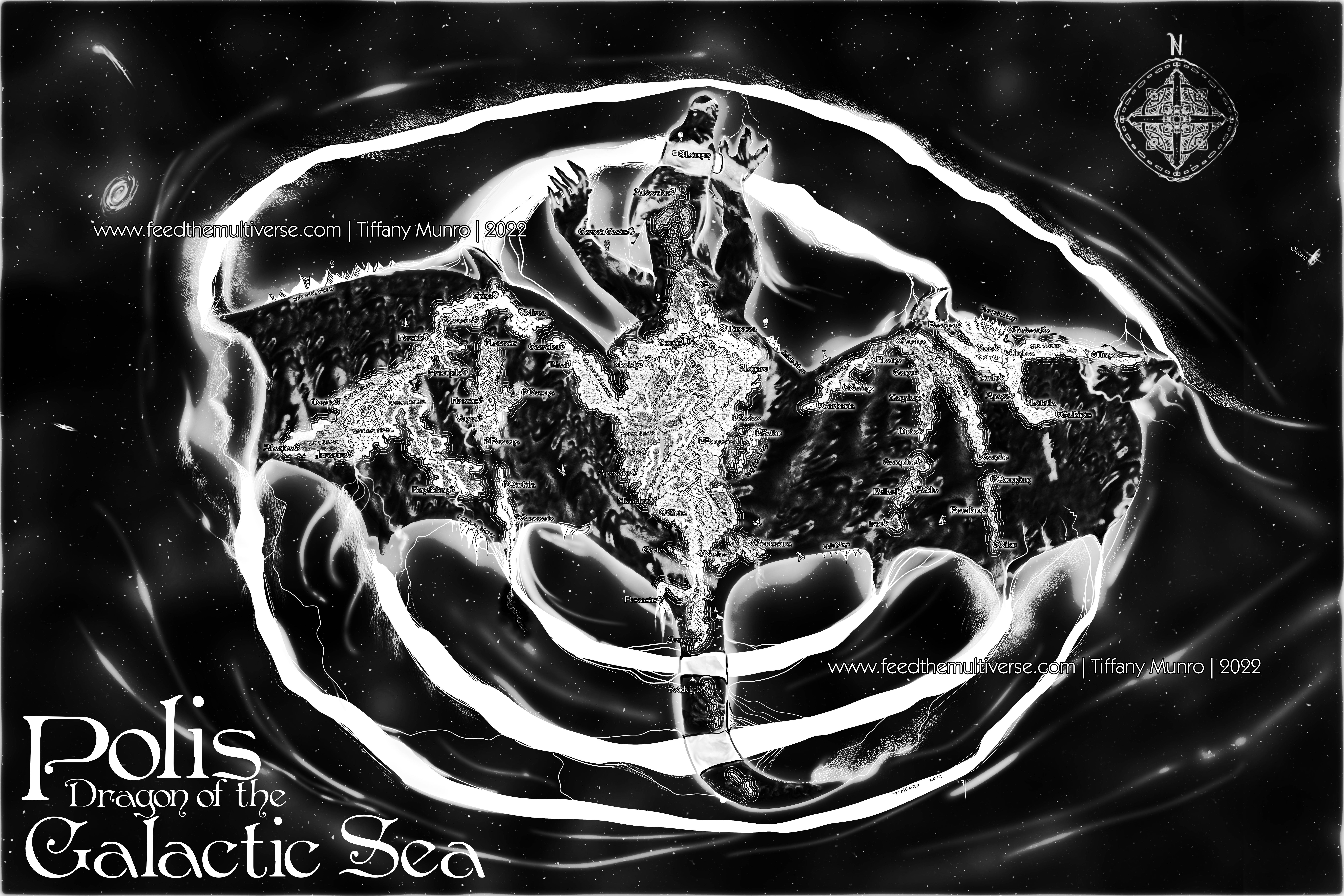 Polis the Dragon of the Galactic Sea inked fantasy map world on a dragon's back