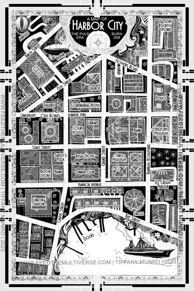 black and white art deco city map for TTRPG campaign setting burn bryte top down city with dock and lake and walls