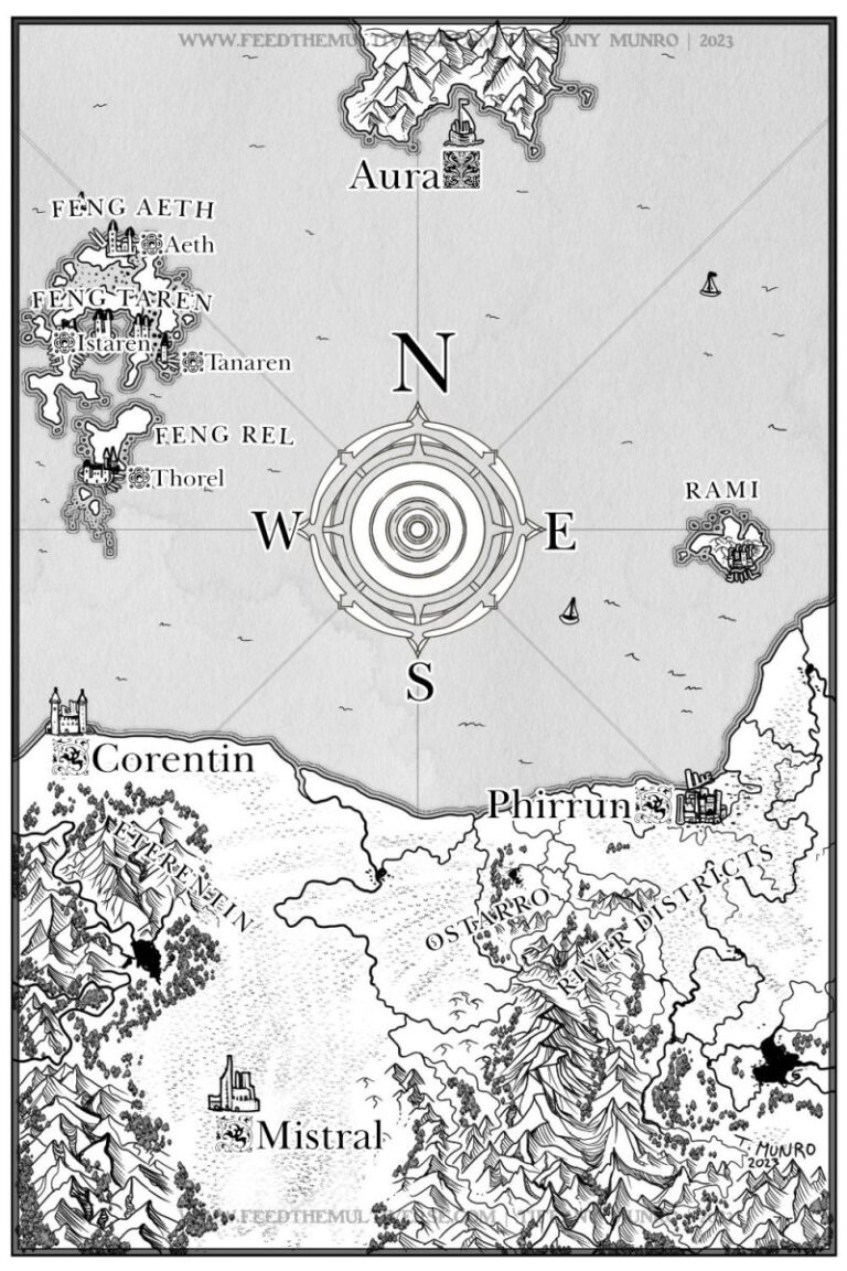 black and white fantasy map commission for novel with compass and islands lineart tolkien style fantasy map