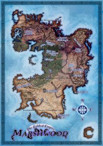 Marshwood map blue watercolor parchment classic fantasy map for ttrpg dungeon master commission a custom cartography
