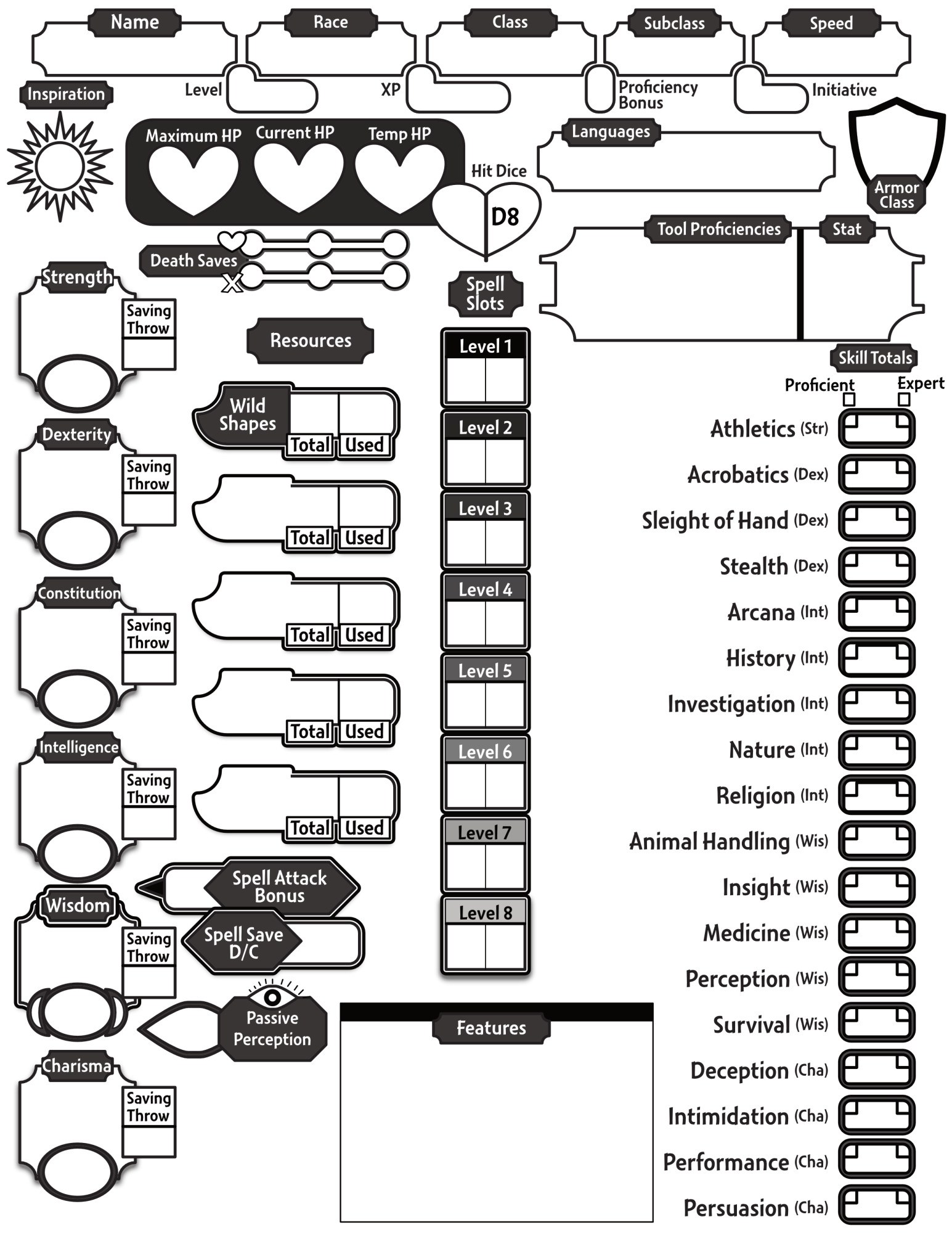 5E custom druid character sheet design easy reader