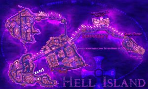 Hell Island cyberpunk custom fantasy island commission Feed the Multiverse Tiffany Munro magenta sloth setting