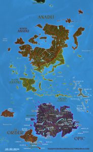 Colour map of Opic and Anad showing watersheds, political boundaries, islands and labeled regions.