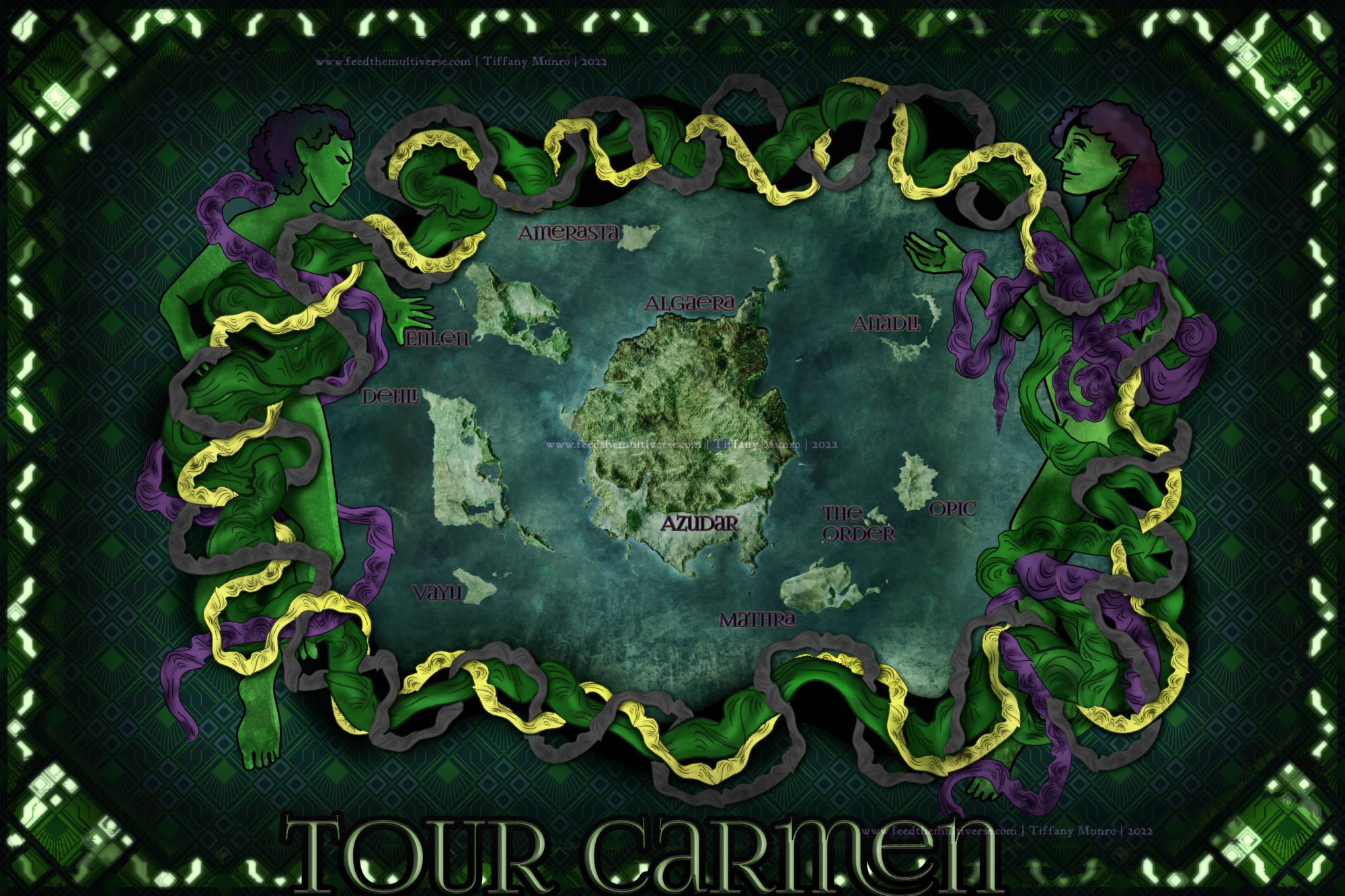 Decorative Tour Carmen map framed by green ornament and coiling serpentine figures.