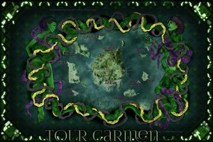 Decorative Tour Carmen map framed by green ornament and coiling serpentine figures.