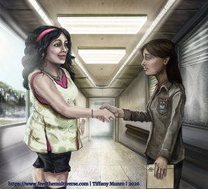 Kien and Thiela shaking hands in a bright corridor.