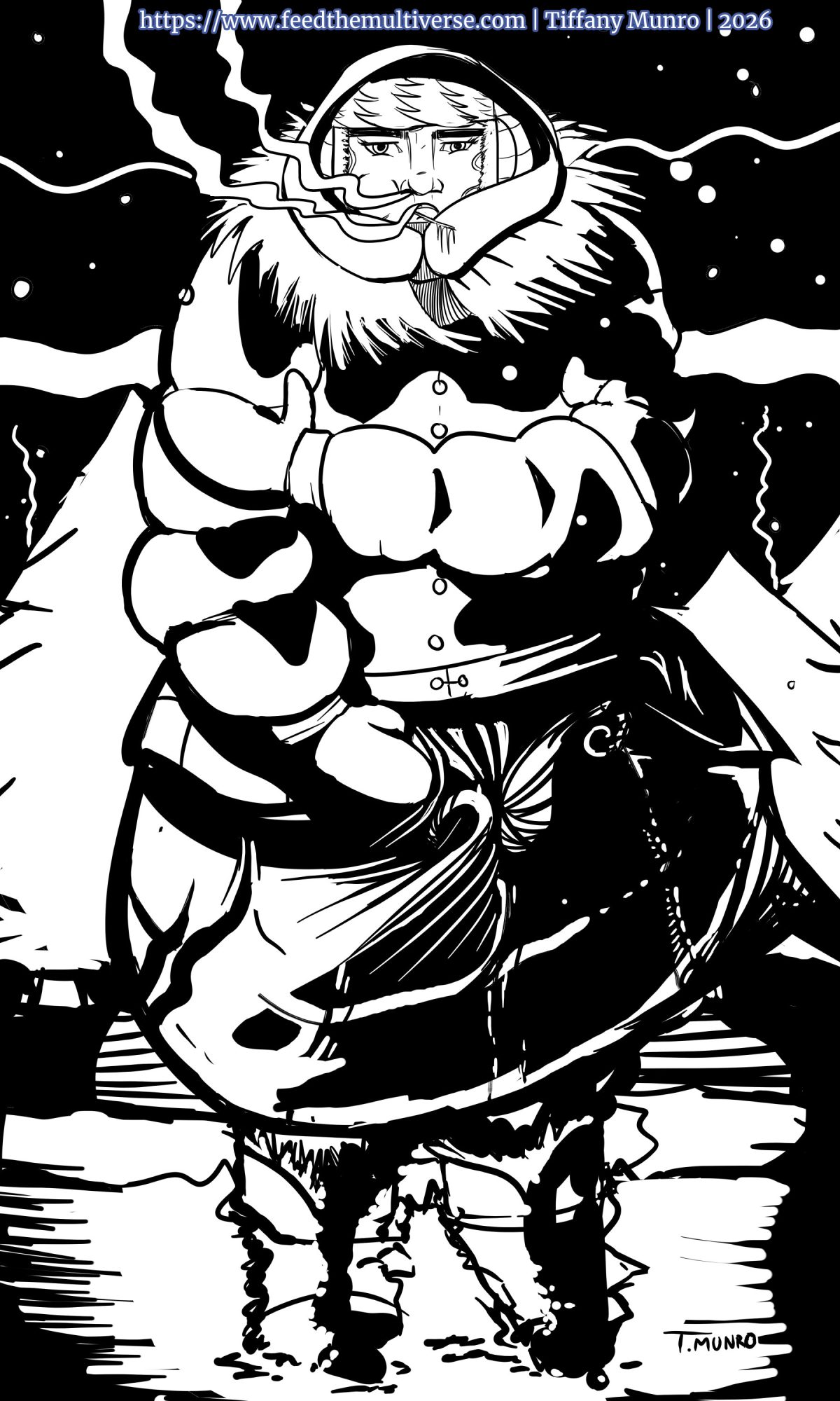 Black-and-white illustration of Lasa Naki standing bundled in falling snow.