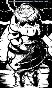 Black-and-white illustration of Lasa Naki standing bundled in falling snow.