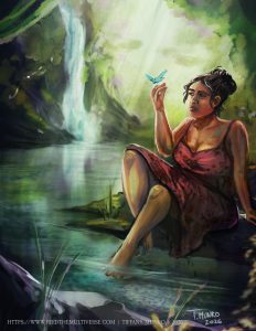 Seated figure beside the Nakir River with a waterfall and forested landscape.