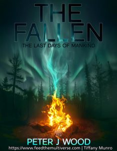 Book cover for The Fallen by Peter J. Wood with pale title text over a dark wilderness landscape.