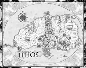 Colour fantasy map of the Continent of Ithos from John Bierce's Mage Errant series, showing cities, mountains, waterways and a geometric border.