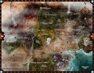 Fantasy regional map with roads, waterways, settlements and dense hand-drawn terrain.