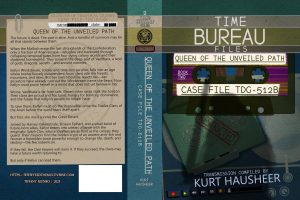Teal case-file book cover for The Queen of the Unveiled Path by Kurt Hausheer with documents, evidence and restricted markings.