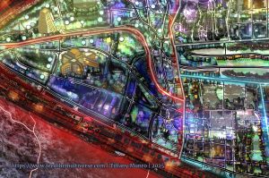 Close-up of the Nexus megacity map with layered roads, blocks, transport routes and illuminated structures.